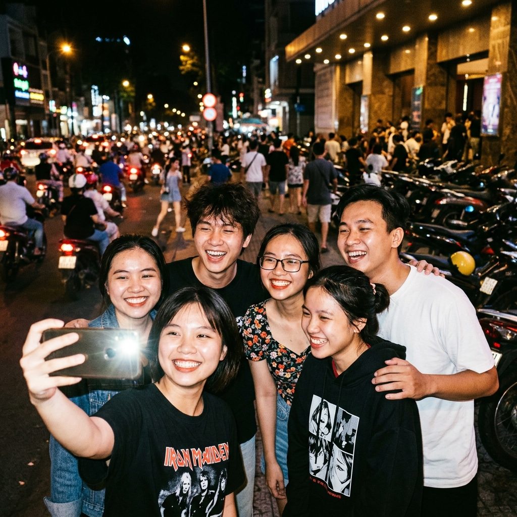 Friends taking a selfie on a busy Saigon street at night