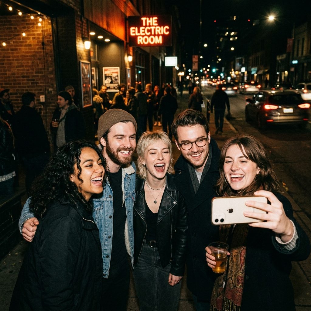 Friends taking a selfie outside a music venue in a western city