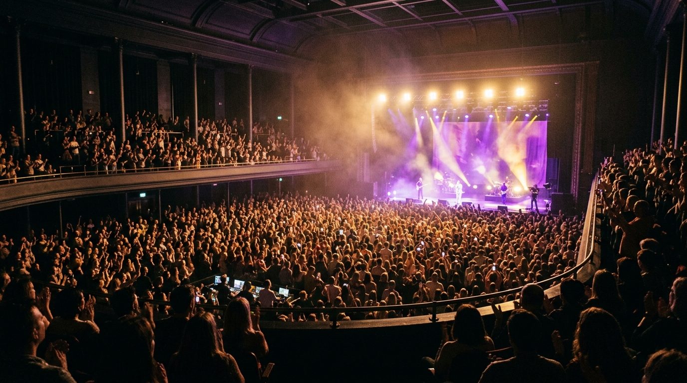 A wide theatre with balconies, the stage lit in warm light